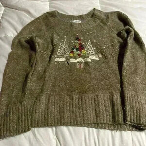 Womens Holiday Christmas Long Sleeve Brown Sweater  Small with Trees